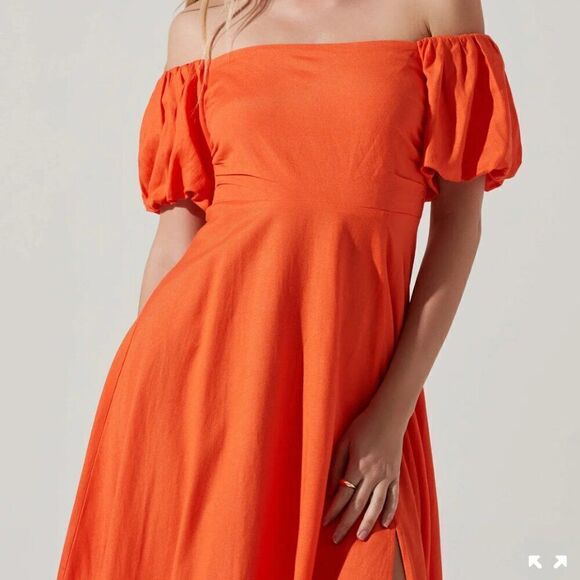 ASTR the Label Off Shoulder Puff Sleeve Midi Dress in Orange NWT Size xs - Picture 3 of 10